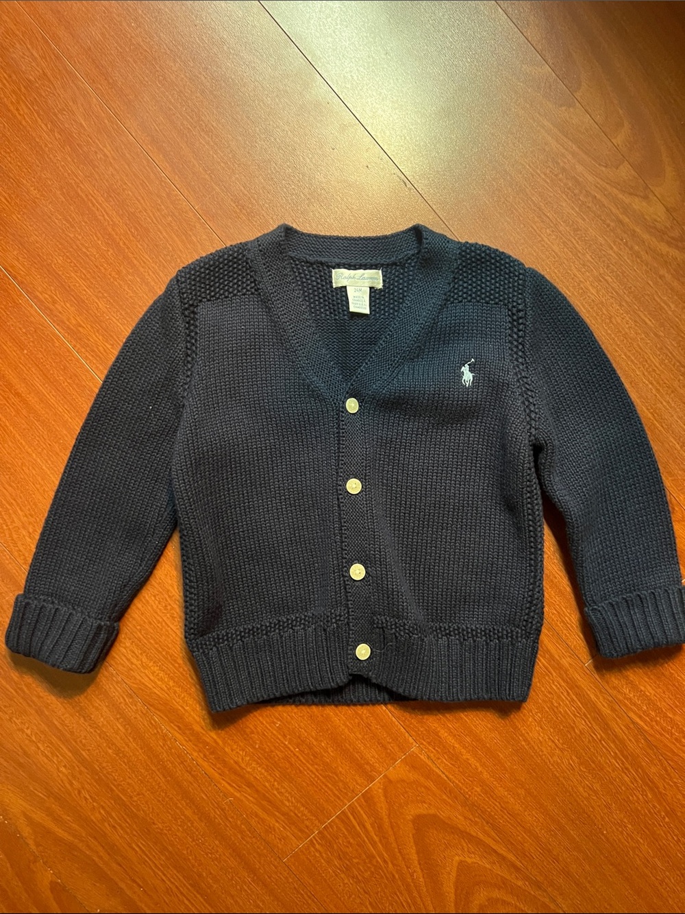 Ralph Lauren Dark Navy Knit Cardigan with Polo Pony bay size 24mo 100%cotton